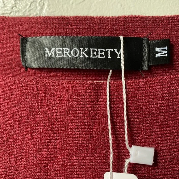 🎄NWT MEROKEETY Off Shoulder Ribbed Knit Sweater Dress Wine Red Fall Mini Dress M - Picture 2 of 8